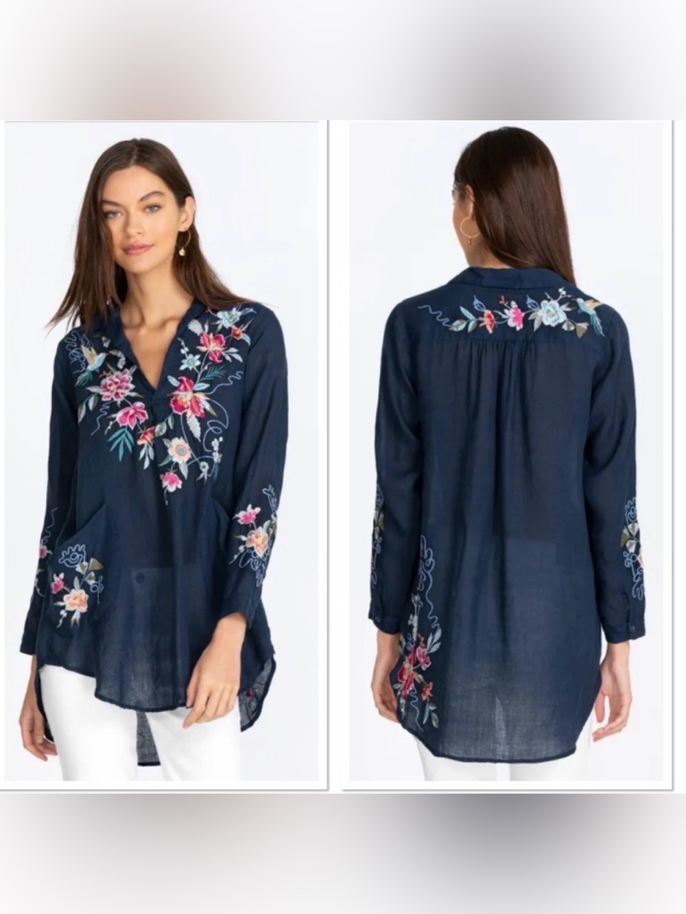 Johnny Was Embroidered Miro Henley Popover Tunic Top Size 1X